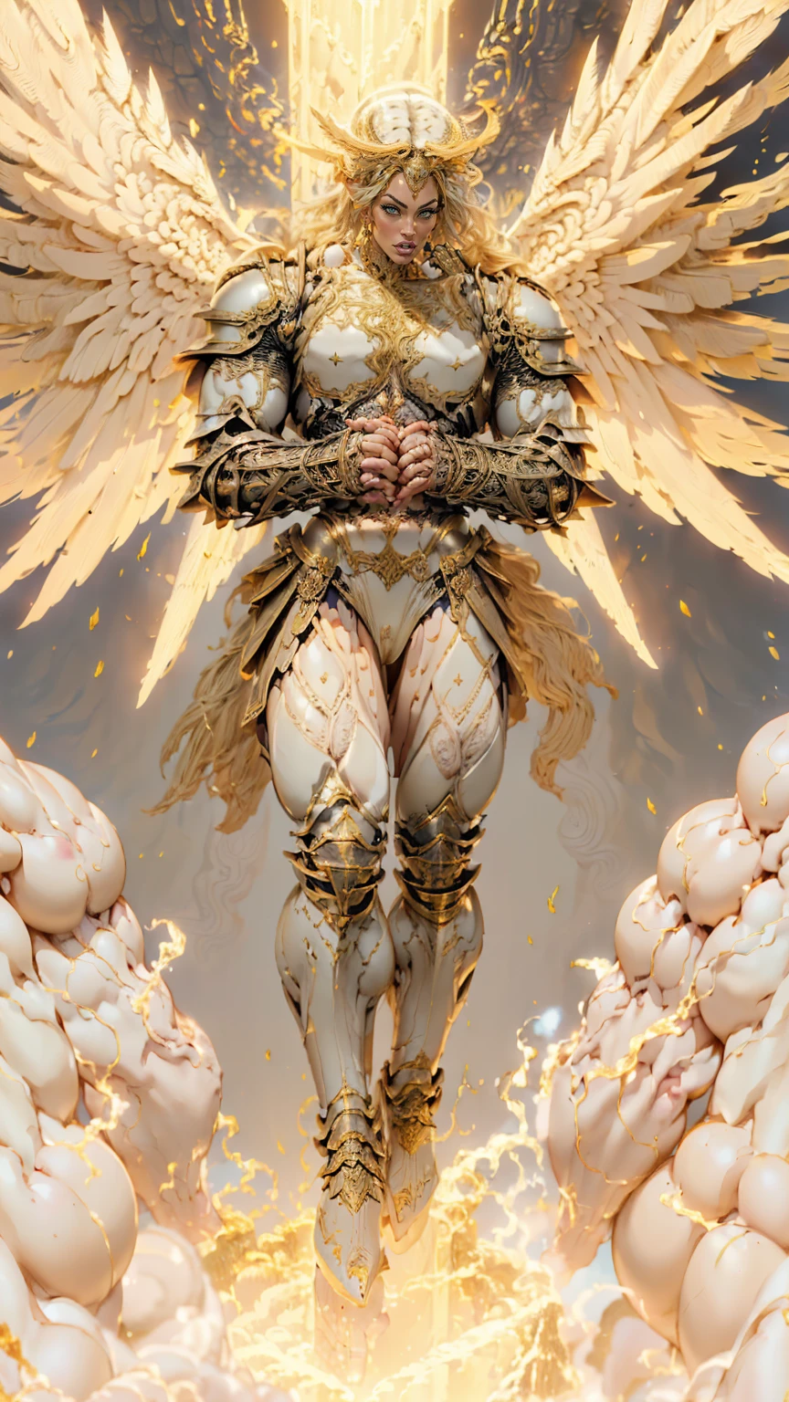 (cara delevingne), ((((((1 muscular angel girl)))))), (((huge upper body))), long hair, ((((huge angelic wings))), (((intricate ornate angelic full body armor))), ((((full body front view)))), (((perfect hands, perfect fingers))), (((empty background)))
