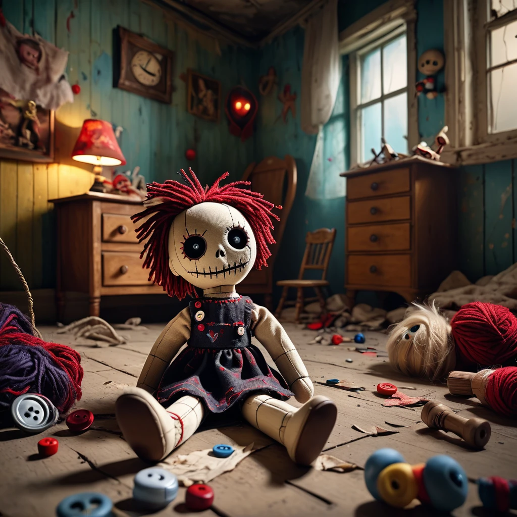 (knitted toy voodoo doll:1.2), (Voodoo Cursed Doll:1.3), (Clothes Dress with patches, buttons instead of eyes, threads and needles in hands:1.0), (in the background Abandoned children's room, torn toys, broken cradle:1.3), best quality, masterpiece, detailed soft oil painting, detailed background, dramatic cinematic lighting, soft edge lighting, professional, dramatic lighting, hard edge lighting, ultra quality, 4k, masterpiece, best quality, 8k, ultra high definition, high definition, extremely detailed