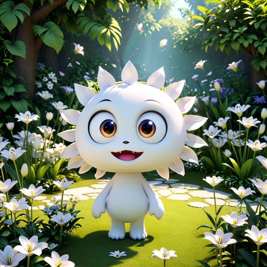 A cute lily monster with big eyes and large, elegant petals, standing tall in a serene garden. The cartoon character is designed in the style of Pixar animation studio, created using C4D software. It has a pristine white color scheme and a graceful demeanor, adding a touch of sophistication to your mobile phone wallpaper. --ar 1:1 --v 6.0 --3D render