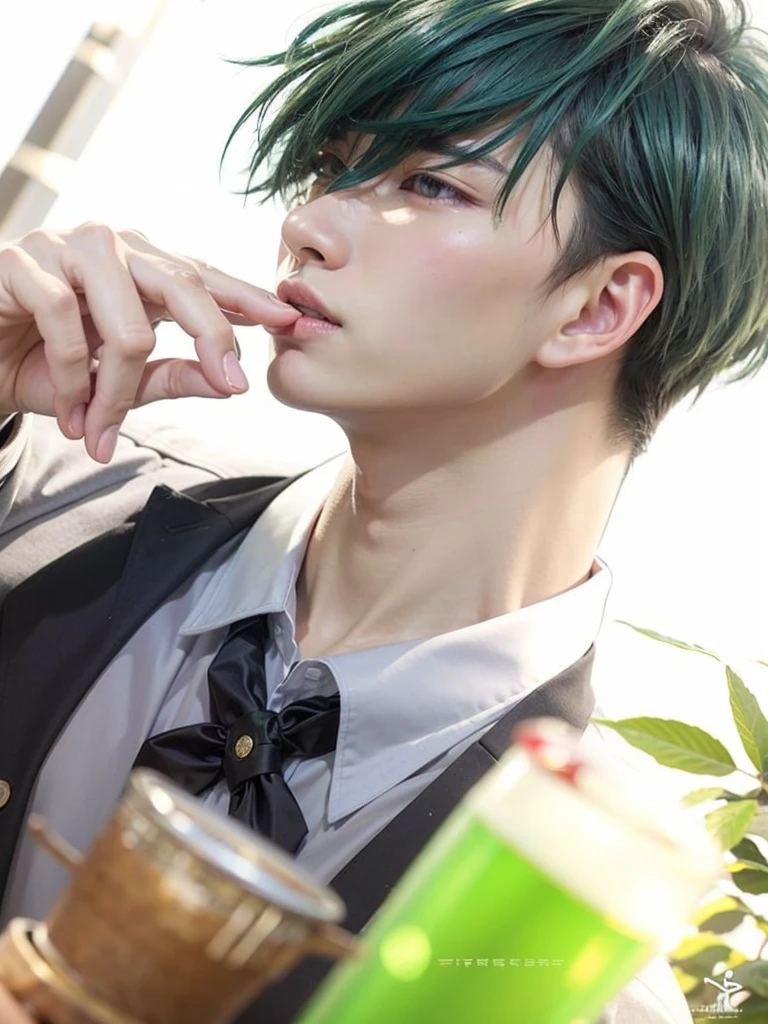 a realistic handsome looking japanese teenage boy, dark green hair, wearing tuxedo, sitting alone at a table, teal green eyes with long underlashes, slim yet muscular build, looking to the side with a blank face, no marks on his skin, lightly textured skin