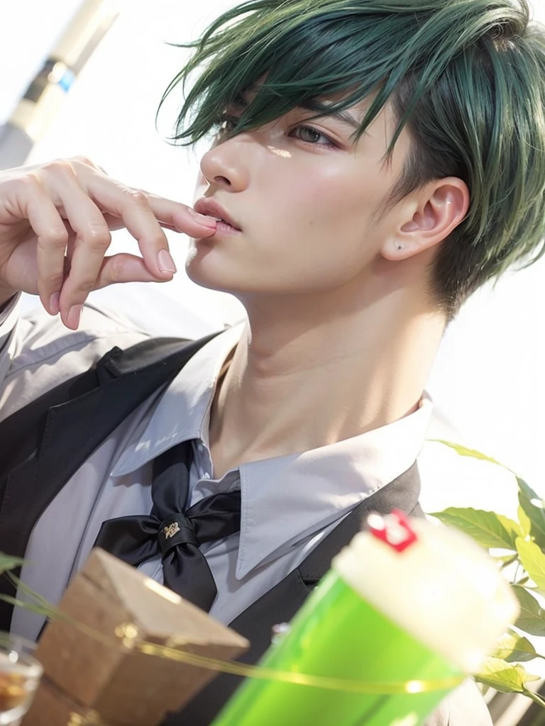 a realistic handsome looking japanese teenage boy, dark green hair, wearing tuxedo, sitting alone at a table, teal green eyes with long underlashes, slim yet muscular build, looking to the side with a blank face, no marks on his skin, lightly textured skin