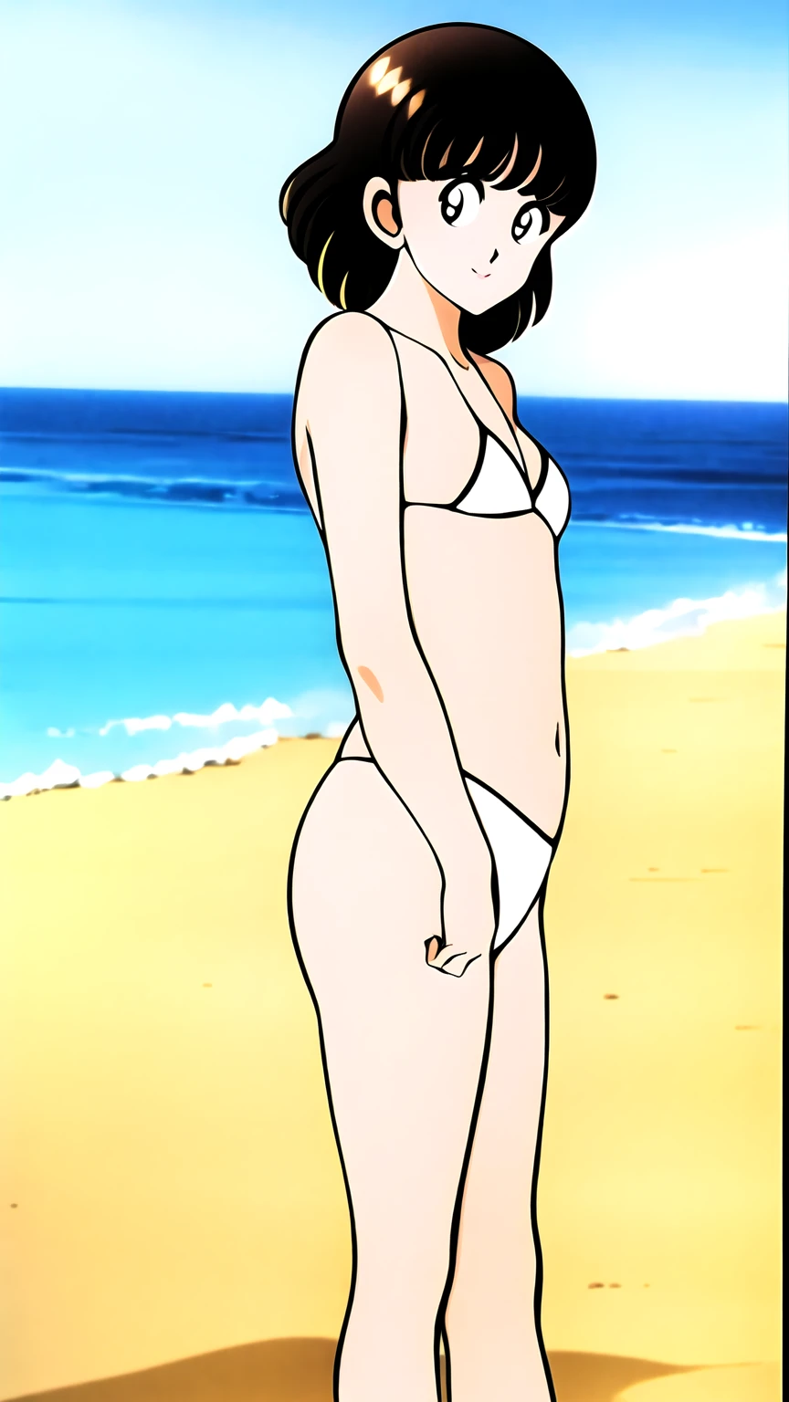 ((((character:asakura minami:1.3)))),((masterpiece)),((highest quality)),Super detailed,(thin entire outline),enlightenment,explicit,1girl,solo,black hair,medium hair,black eyes,small nose,perfect body,beautiful body,beautiful character design,perfect eyes,perfect face,((happy smile)),small open mouth,(enjoy,having fun:1.2),perspiration,wallpaper,ultra high resolution,8k,photo shoot,(beautiful medium breast:1.2),beautiful legs,perfect feet,beautiful skin,fair skin,smooth skin,official style,official art,make a screen cap,outdoor,((summer beach)),sunshine,bright lighting,(white micro bikinis),(split legs:1.2),peace sign,