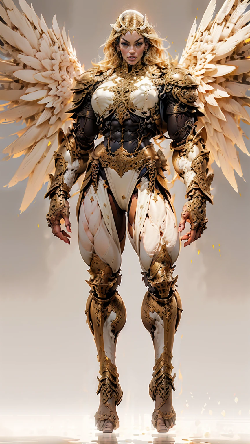(cara delevingne), ((((((1 muscular angel girl)))))), (((huge upper body))), long hair, ((((huge angelic wings))), (((intricate ornate angelic full body armor))), ((((full body front view)))), (((perfect hands, perfect fingers))), (((empty background)))