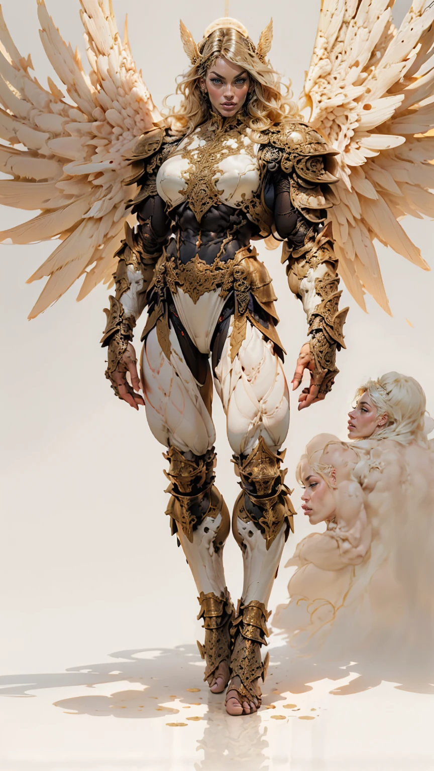 (cara delevingne), ((((((1 muscular angel girl)))))), (((huge upper body))), long hair, ((((huge angelic wings))), (((intricate ornate angelic full body armor))), ((((full body front view)))), (((perfect hands, perfect fingers))), (((empty background)))