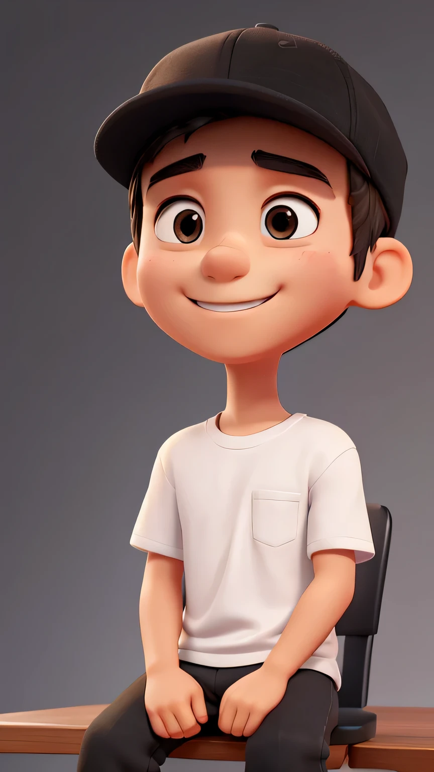He is wearing a plain white T-shirt and a black cap,Wearing a black cap,Japanese,Small Nose,good looking,tall,Looking at the camera from the front,(Background blur) (Highest quality) (Detailed skin) (Detailed Texture) (8K) (clay) (Cinema Lighting) ，Sitting on a chair and exposing the upper half of my body、He is the leader of the class、Is giving a presentation、Able to work、Presentation Venue、 confident、leadership、smile、Close-up Character, Character pose、いsmile