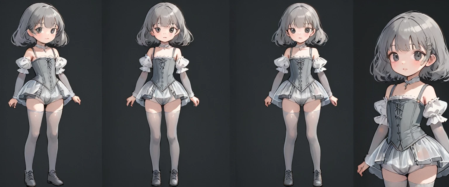 8 year old medieval girl, In underwear、Knee-length semi-transparent bloomers（Drawers）Wearing、Wearing a semi-transparent corset、Translucent slip, Grey translucent tights