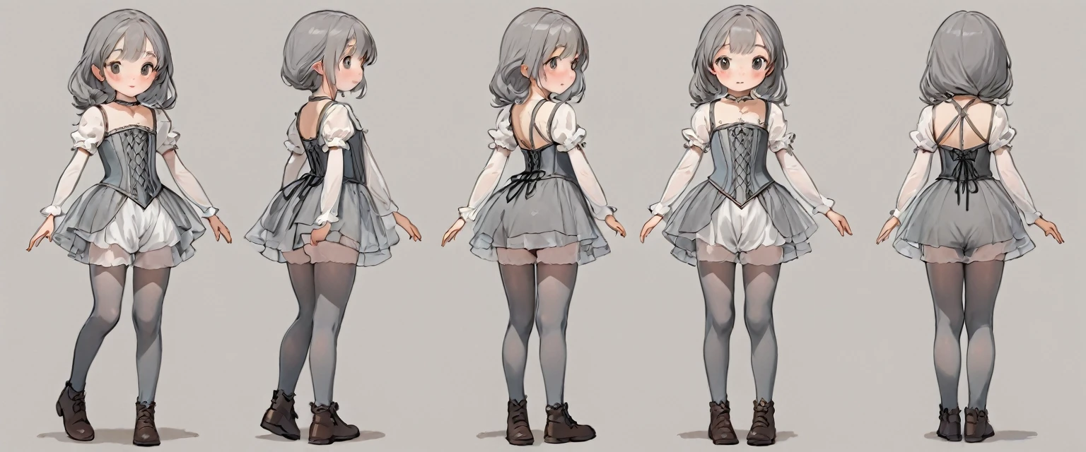 8 year old medieval girl, In underwear、Knee-length semi-transparent bloomers（Drawers）Wearing、Wearing a semi-transparent corset、Translucent slip, Grey translucent tights