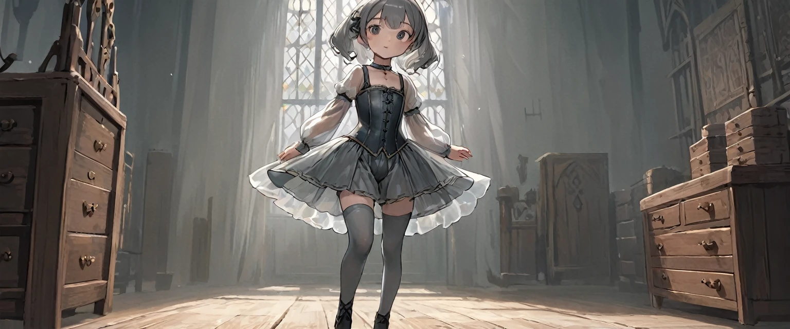 8  medieval girl, In underwear、Knee-length semi-transparent bloomers（Drawers）Wearing、Wearing a semi-transparent corset、Translucent slip, Grey translucent tights