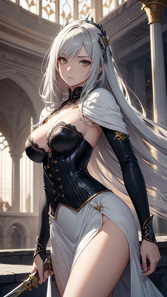 masterpiece, best quality, Mature women,, gray hair, Long Hair Flying，fantasy, middle Ages, On the war zone, dynamic poses, Beautiful and detailed light，black corset，White miniskirt，Lace exposed，Golden eyes，There are blue sword lights all around，silence