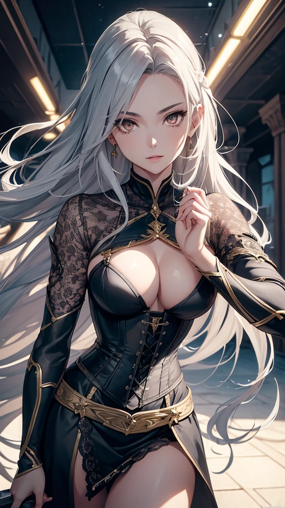 masterpiece, best quality, Mature women,, gray hair, Long Hair Flying，fantasy, middle Ages, On the war zone, dynamic poses, Beautiful and detailed light，black corset，White miniskirt，Lace exposed，Golden eyes，There are blue sword lights all around，silence