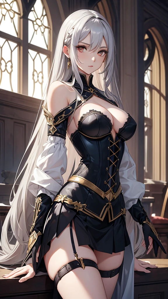 masterpiece, best quality, Mature women,, gray hair, Long Hair Flying，fantasy, middle Ages, On the war zone, dynamic poses, Beautiful and detailed light，black corset，White miniskirt，Lace exposed，Golden eyes，There are blue sword lights all around，silence