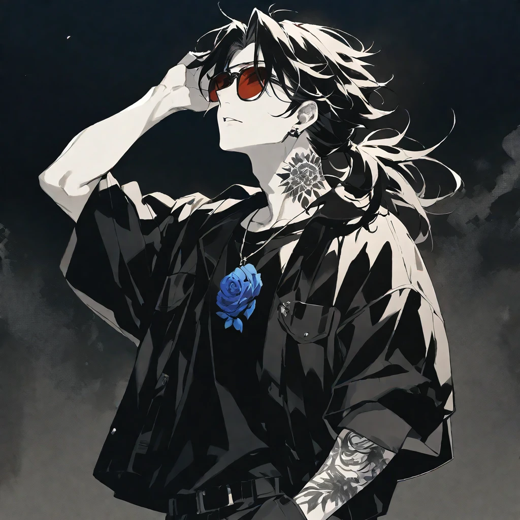 Solo,handsome, monochrome,watercolor,1 male, Ponytail, Braided black hair, red eyes, Gojo Satoru,casual,Blue Rose Tattoo,black Oversized 服,casual,Stylish,cool,Wear sunglasses around your neck,Void,look up,
blackbackground,İcon,Despise face up