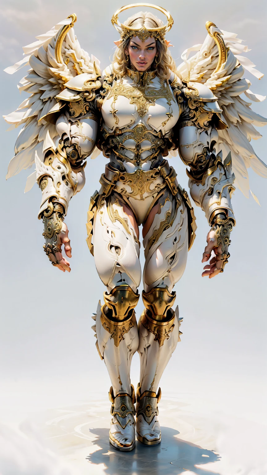 (cara delevingne), ((((((1 muscular angel girl)))))), (((huge upper body))), long hair, ((((huge angelic wings))), (((intricate ornate angelic full body armor))), ((((full body front view)))), (((perfect hands, perfect fingers))), (((empty background)))