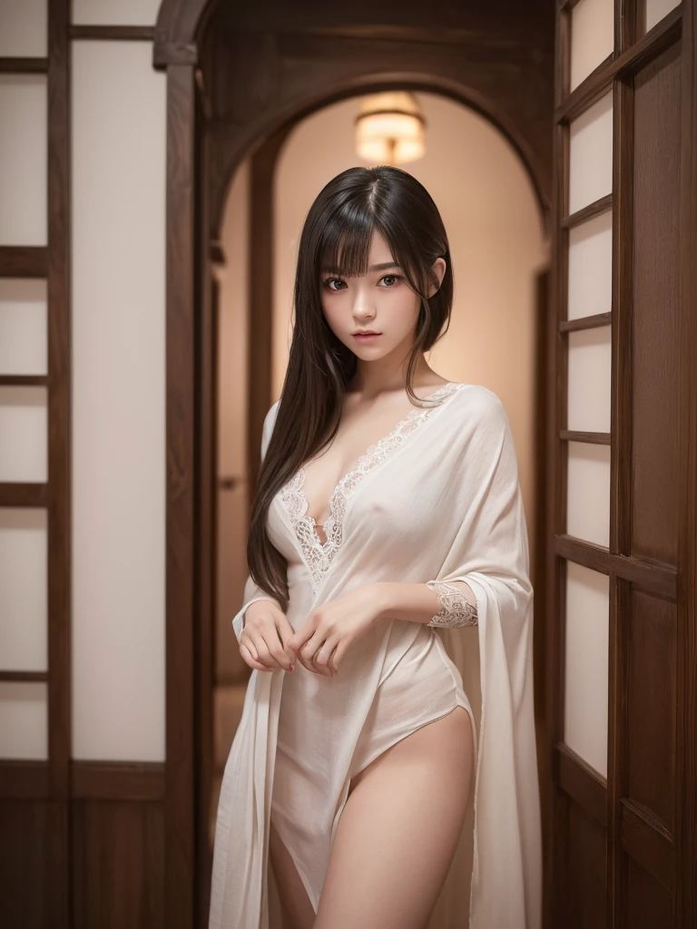 1girl,beautiful detailed eyes,beautiful detailed lips,extremely detailed eyes and face,long eyelashes,japanese girl,cute assassin,
detailed portrait of a 16-year-old,virgin,standing at the entrance of a western manor room of a local lord,((lit entrance of a room,in the midnight,in the dusky room:1.1)),(have a white cloth:1.2),((undress,full nude:1.3)),(full body),(open mouth,talking,approach on foot from entrance:1.2),cute double eyelids,small breasts,slender waist,alluring thighs,beautiful legs,glossy black hair,medium straight hairstyle,asymmetrical bangs,blushing expression,nervous,((best quality, 4k, 8k, highres, masterpiece, ultra-detailed, realistic, photorealistic, photo-realistic, intricate detail, highly realistic:1.3)), dramatic lighting, muted color palette, cinematic composition, emotional portrait