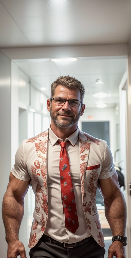 photo of (LuckyHank:0.99), a bearded man wearing glasses, wearing a yellow tank top, with black sunglasses on the head,  detailed face, realistic skin, high quality, (brown eyes:1.1), Leica 50mm, f1. 4, natural light, grainy, (high detailed skin:1.2)
