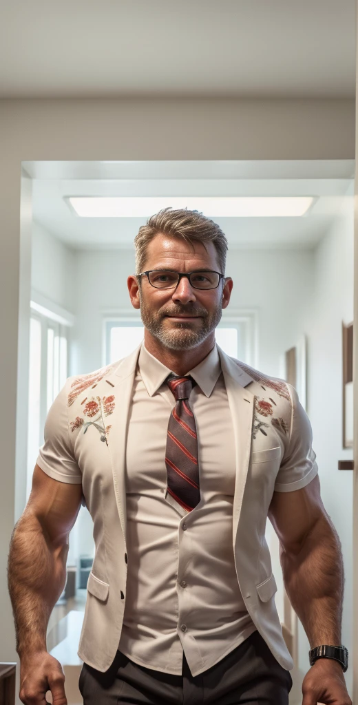 An award-winning original photo,A wild muscular man, (40 years old daddy:1.1), 1boy, Solo, (black suit), (white dress shirt), (red print necktie), (big shoulders), musculature, stubbles, Short beard, Beautiful eyes:1.3, ), (Detailed face:1.3), wearing glasses, smiles, Dynamic Angle, volumetric lighting, (Best quality, A high resolution, Photorealistic), Cinematic lighting, Masterpiece, RAW photo, Intricate details, hdr, depth of field, upper body shot