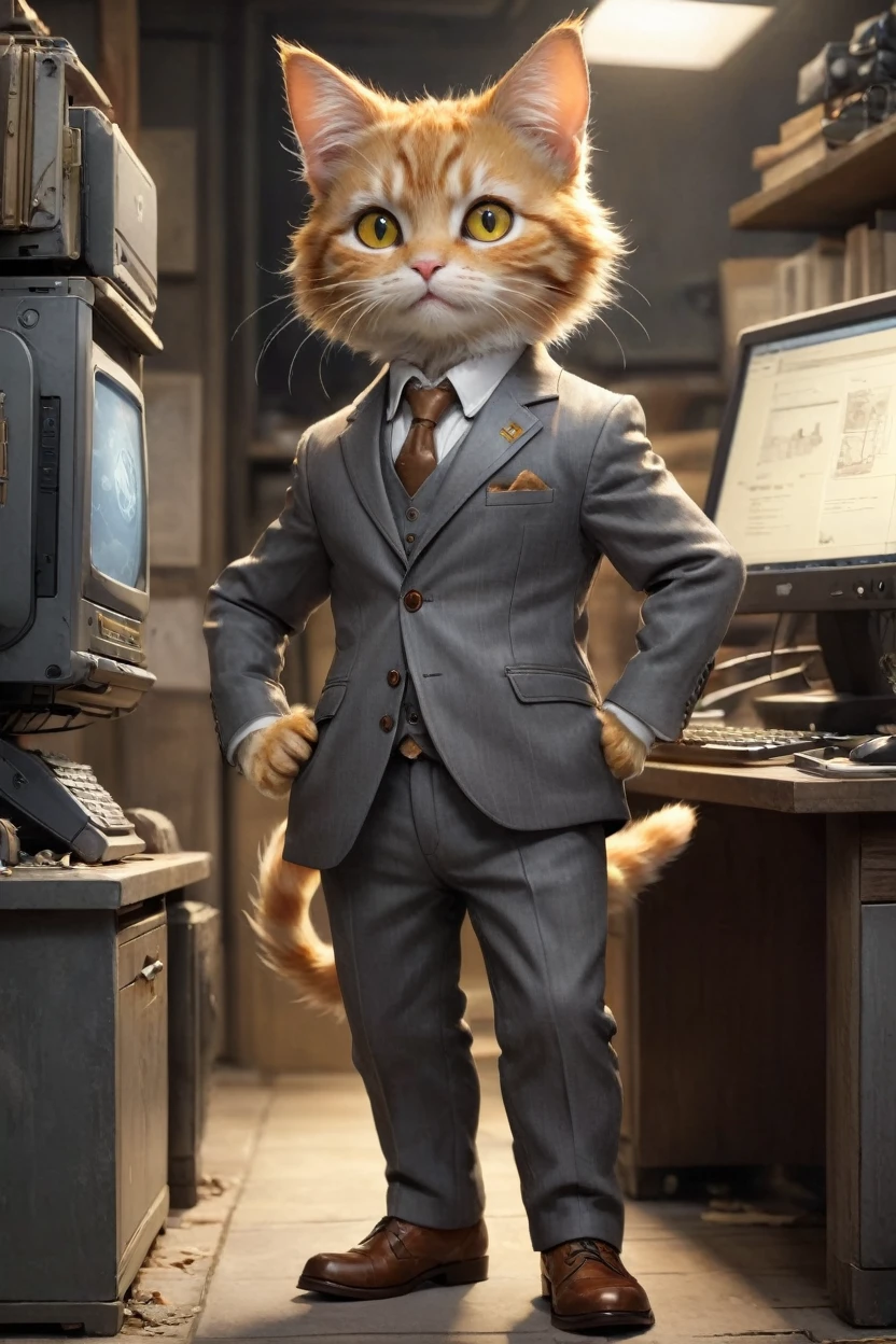 small, かわいいbornき物, Wearing a gray suit,Wearing suit pants、Brown leather shoes、 whole body,Small , Are standing, Costumes, Operating a computer、 Fantasy art, Exquisite detail, Jean-Baptiste Monge Style, office、Alan Lee Style, Anthropomorphic yellow-eyed tabby furry cat, Movie Scenes, Dramatic shot angles, , Realistic, born々Amazing cinematic photorealism, Action Portrait, 8K, detailed, Full Frame