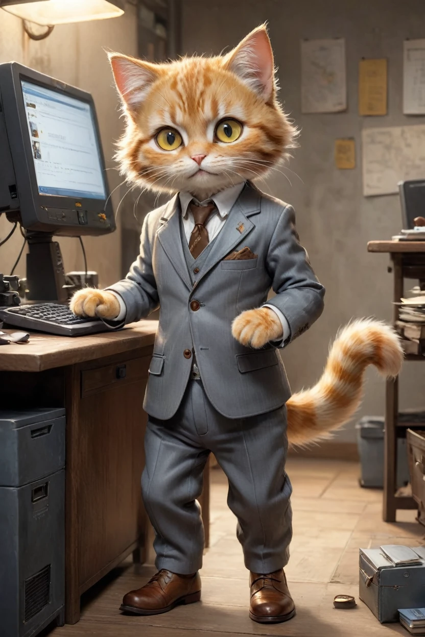 small, かわいいbornき物, Wearing a gray suit,Wearing suit pants、Brown leather shoes、 whole body,Small , Are standing, Costumes, Operating a computer、 Fantasy art, Exquisite detail, Jean-Baptiste Monge Style, office、Alan Lee Style, Anthropomorphic yellow-eyed tabby furry cat, Movie Scenes, Dramatic shot angles, , Realistic, born々Amazing cinematic photorealism, Action Portrait, 8K, detailed, Full Frame