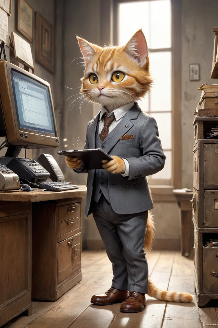 small, かわいいbornき物, Wearing a gray suit,Wearing suit pants、Brown leather shoes、 whole body,Small , Are standing, Costumes, Operating a computer、 Fantasy art, Exquisite detail, Jean-Baptiste Monge Style, office、Alan Lee Style, Anthropomorphic yellow-eyed tabby furry cat, Movie Scenes, Dramatic shot angles, , Realistic, born々Amazing cinematic photorealism, Action Portrait, 8K, detailed, Full Frame