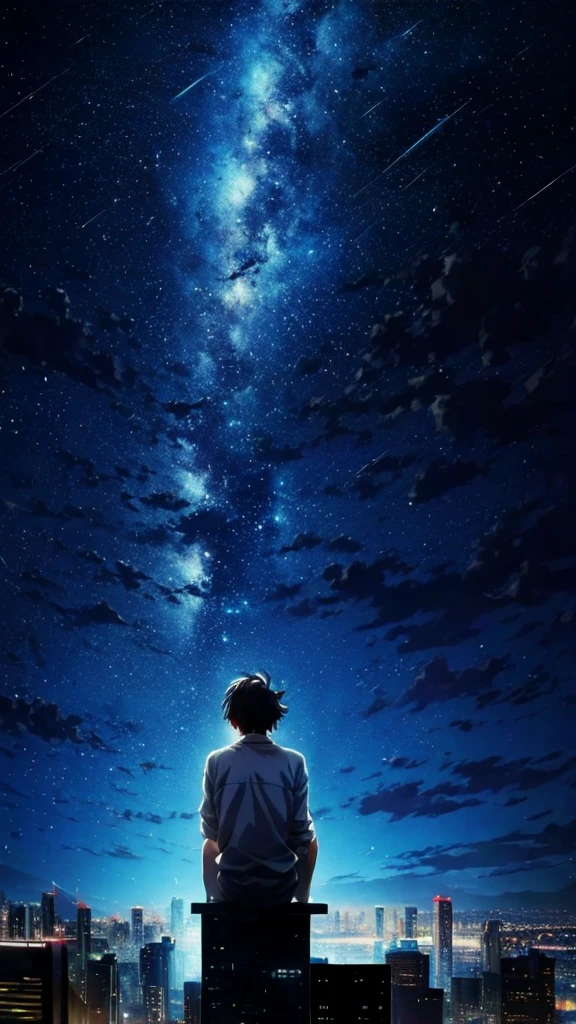 anime painting inspired by Makoto Shinkai, space art, sideways gray Cyberian cat sitting on the roof of a building looking at the sky, mysterious, fantastic, meteor shower, intricate lights, twinkling city lights, unmanned