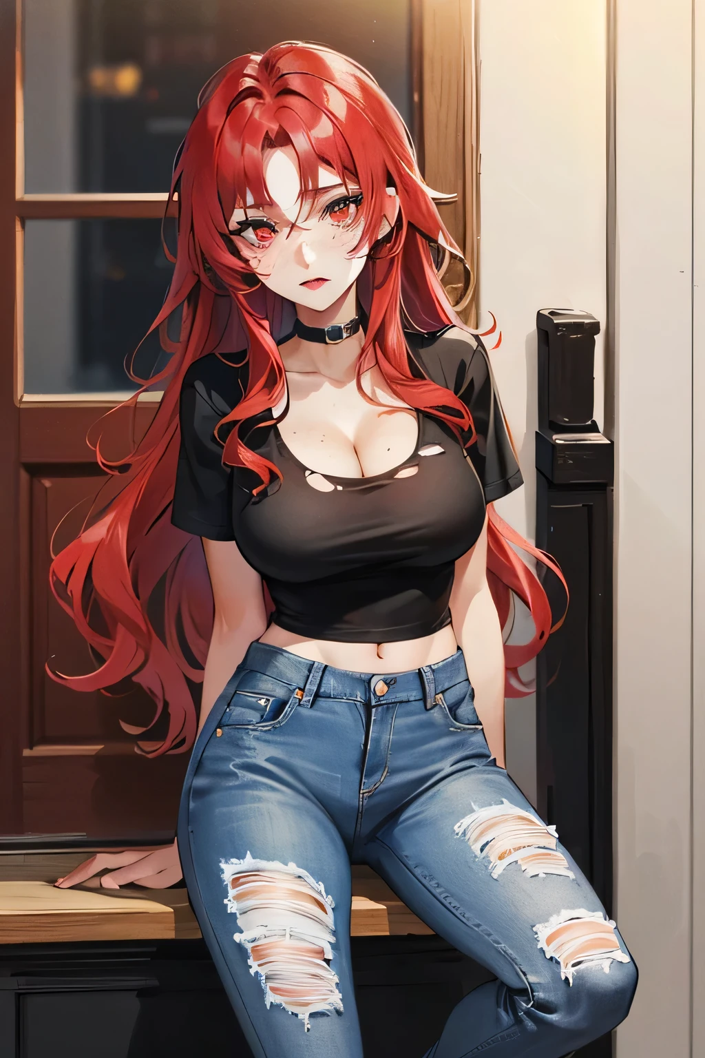 Red-haired woman with red wavy hair, Red eyes, with freckles on the face, wears a black T-shirt, which shows her cleavage, Big breasts and sexy body,  wears jeans, torn at the knees, wears black lipstick, Red hair, Red eyes. She is in front of the house door at night. Anime Style Boku no Hero.