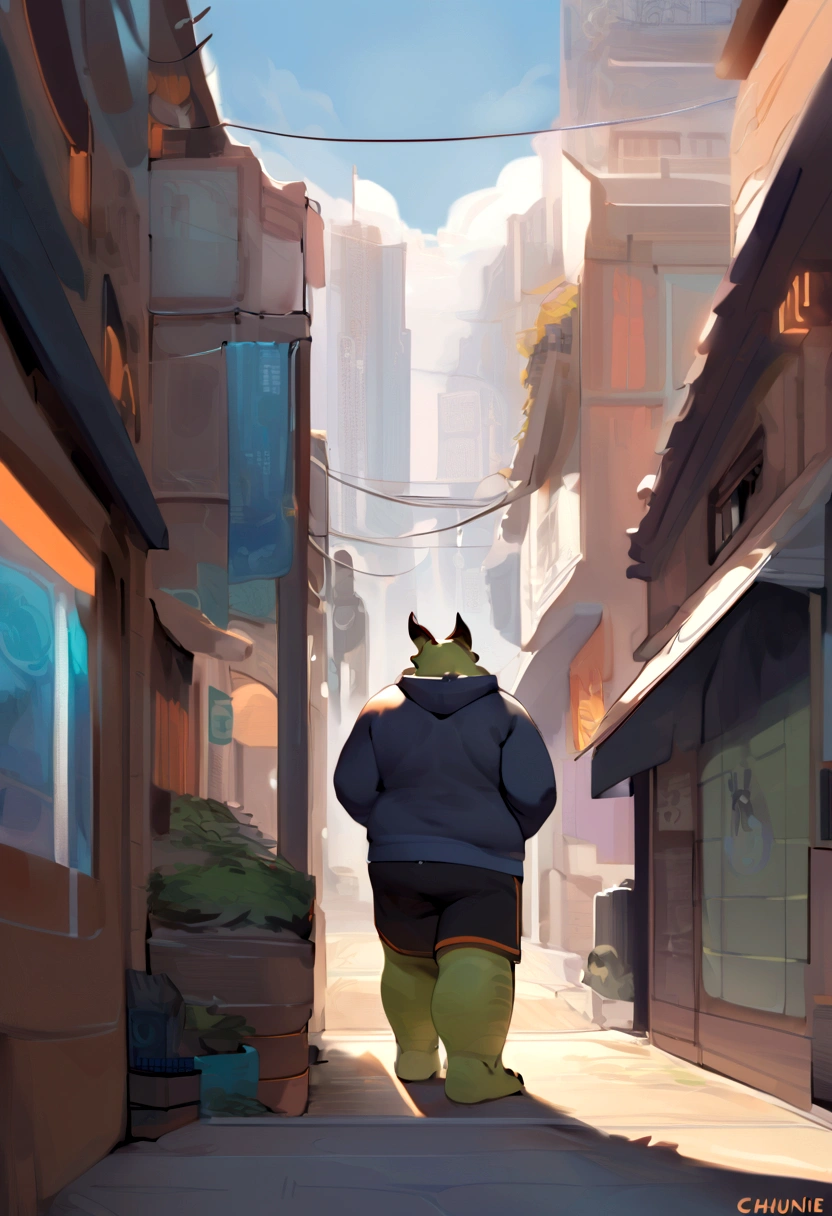 Dragon,male, adult, chubby,round belly,yaoi, doujin,wearing stylish sweatshirt, Shorts, cyberpunk big city, summer vibes, detail background, out view scale, pixiv artwork,hd,4k, colour full, smooth lighting, three point perspective,Ghibli style,artwork by quanjiang, by chunie, by quanjiang,