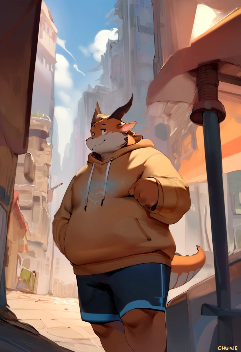 Dragon,male, adult, chubby,round belly,yaoi, doujin,wearing stylish sweatshirt, Shorts, cyberpunk big city, summer vibes, detail background, out view scale, pixiv artwork,hd,4k, colour full, smooth lighting, three point perspective,Ghibli style,artwork by quanjiang, by chunie, by quanjiang,