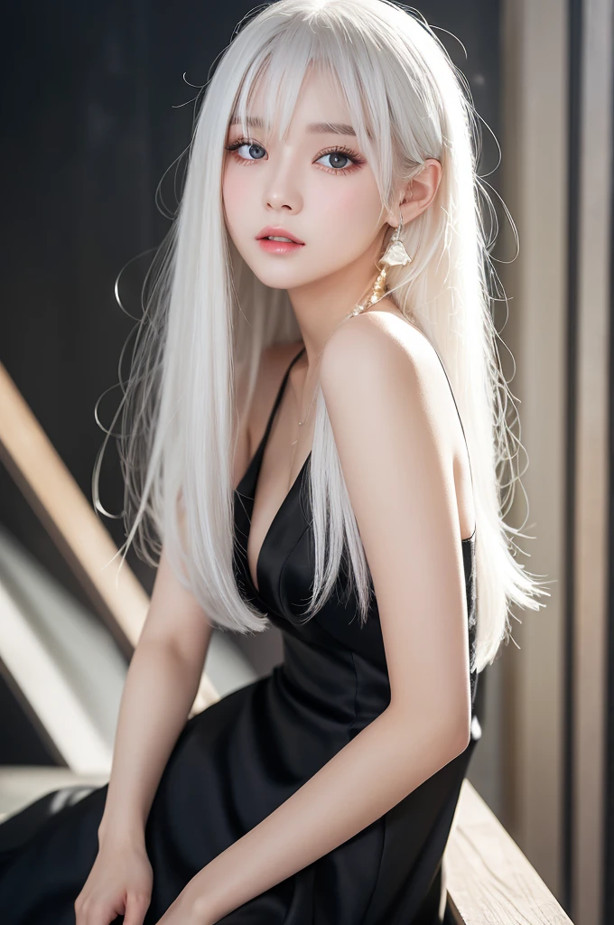Transparency、Girl、White Hair、Golden Eyes、Fair skin、Black dress、V-neck、The background is dark