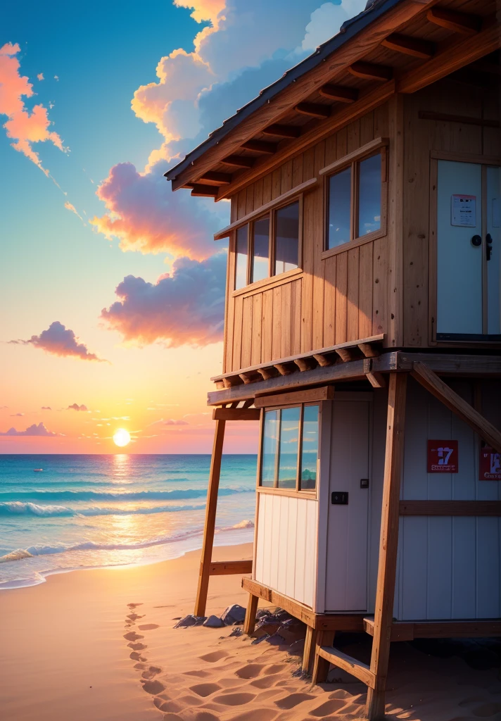 ghibli anime style, portrait of a small lifeguard hut on the beach, sunset, full clouds in the sky,