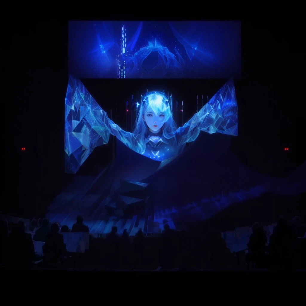 Stage Concept、Hand-painted thick painting design、arafed image of woman in skirt on stage, Projection design and installation, projection mapping, The back of the scene design element, Holographic projection, Hologram, With screens and silk, 巨大的Hologram, 空灵Hologram中心, footage of a theater stage, Alana Fletcher, Team Lab, Hologram, screenshot, starship scene