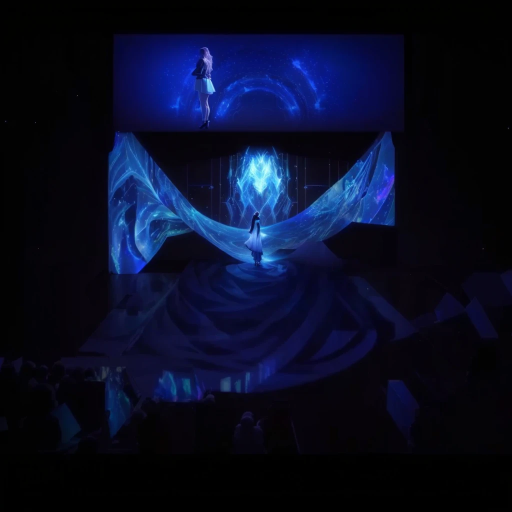 Stage Concept、Hand-painted thick painting design、arafed image of woman in skirt on stage, Projection design and installation, projection mapping, The back of the scene design element, Holographic projection, Hologram, With screens and silk, 巨大的Hologram, 空灵Hologram中心, footage of a theater stage, Alana Fletcher, Team Lab, Hologram, screenshot, starship scene