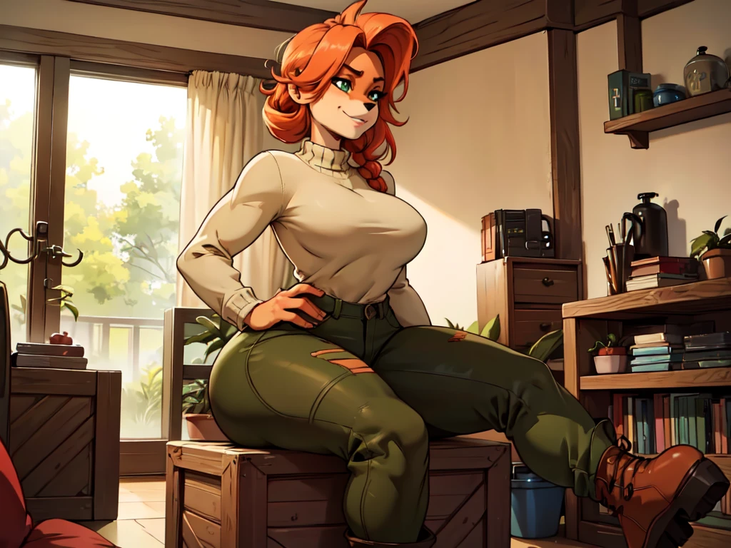 (best quality,4k,8k,highres,masterpiece:1.2),ultra-detailed,realistic:1.37,portrait,anthro bandicoot girl redhead, braided hair, beautiful green eyes, relaxing moment, sexy ,seductive, warm sweater, camouflage pants, army boots, smirking, cozy lighting, vibrant colors , girl anthro , sweater, camouflage pants, army boots, hands to pants ,sexy moment