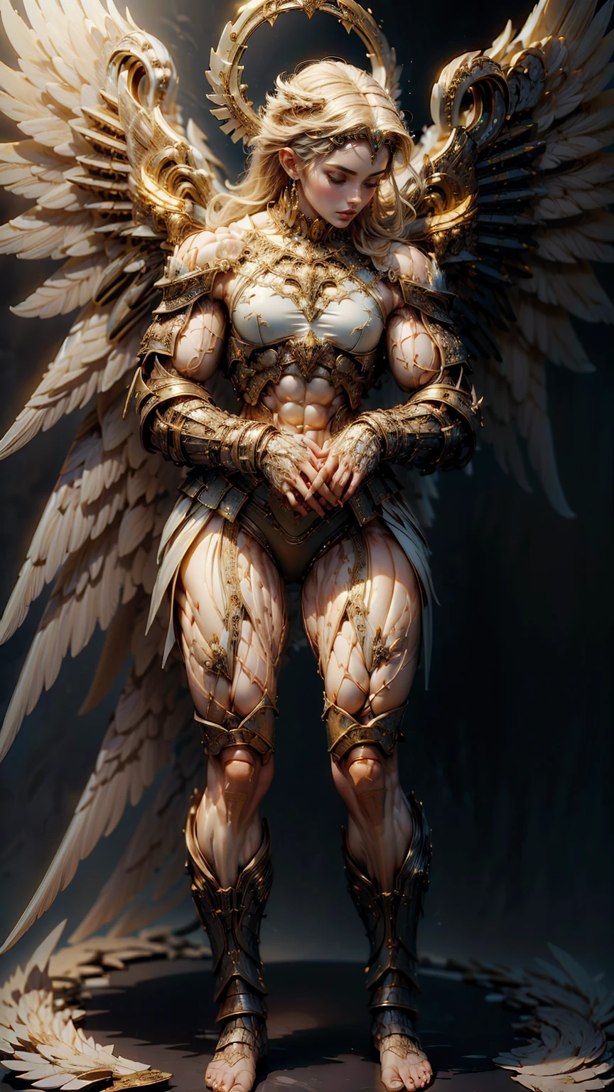 (cara delevingne), ((((((1 muscular angel girl)))))), (((huge upper body))), long hair, ((((huge angelic wings))), (((intricate ornate angelic full body armor))), ((((full body front view)))), (((perfect hands, perfect fingers))), (((empty background)))