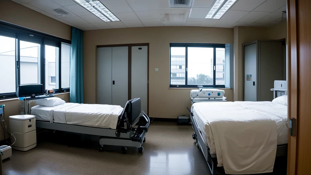 Dark hospital room　No windows, no doors　One bed in the center with the pillow on the left　Heart rate monitor on the top right of the bed　There&#39;s a mess of cords tangled on the floor beneath the heart rate monitor.　There is a shelf to the left of the bed　There are small medical instruments on it.　