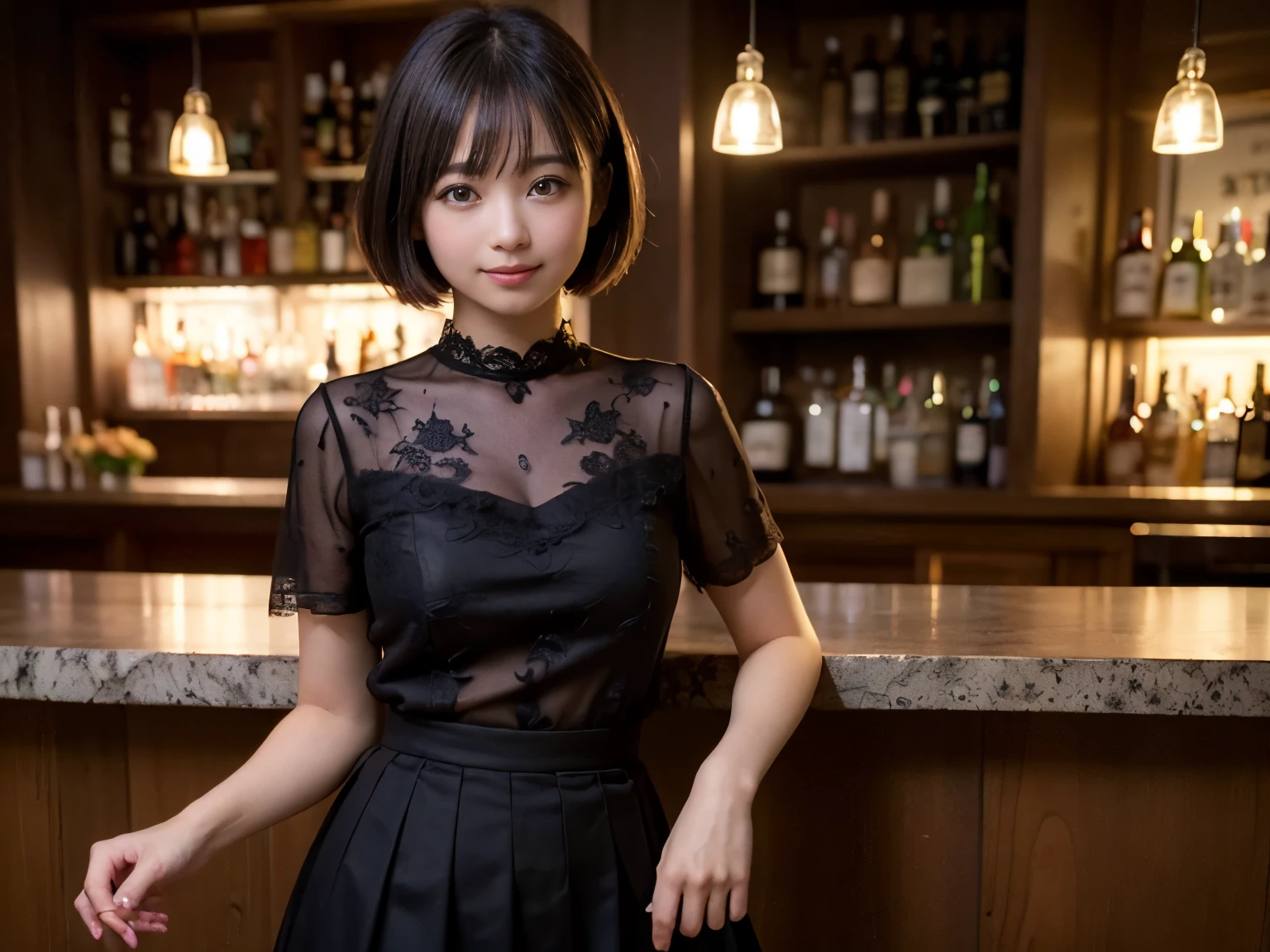 (Highest quality, masterpiece, Ultra-high resolution, 8K, RAW Photos, Realistic, Anatomically correct:1.5), (Stainless steel round bar fence:1.0, Put your elbow on the fence:1.2, Short Bob Cut, 20-year-old girl:1.2, Embarrassing, avert your eyes, blush:1.0, View Viewer, ((bar)) 、Night view、 Light:1.2, Bokeh, Cinema Lighting:1.0, Depth of written boundary, sharp、 Cute face、Idol、Black short sleeve lace top、Black tulle skirt、Black clothing、”dwarf”、(Floral clothes)、Full Body Shot、Cowboy Shot、 smile,
