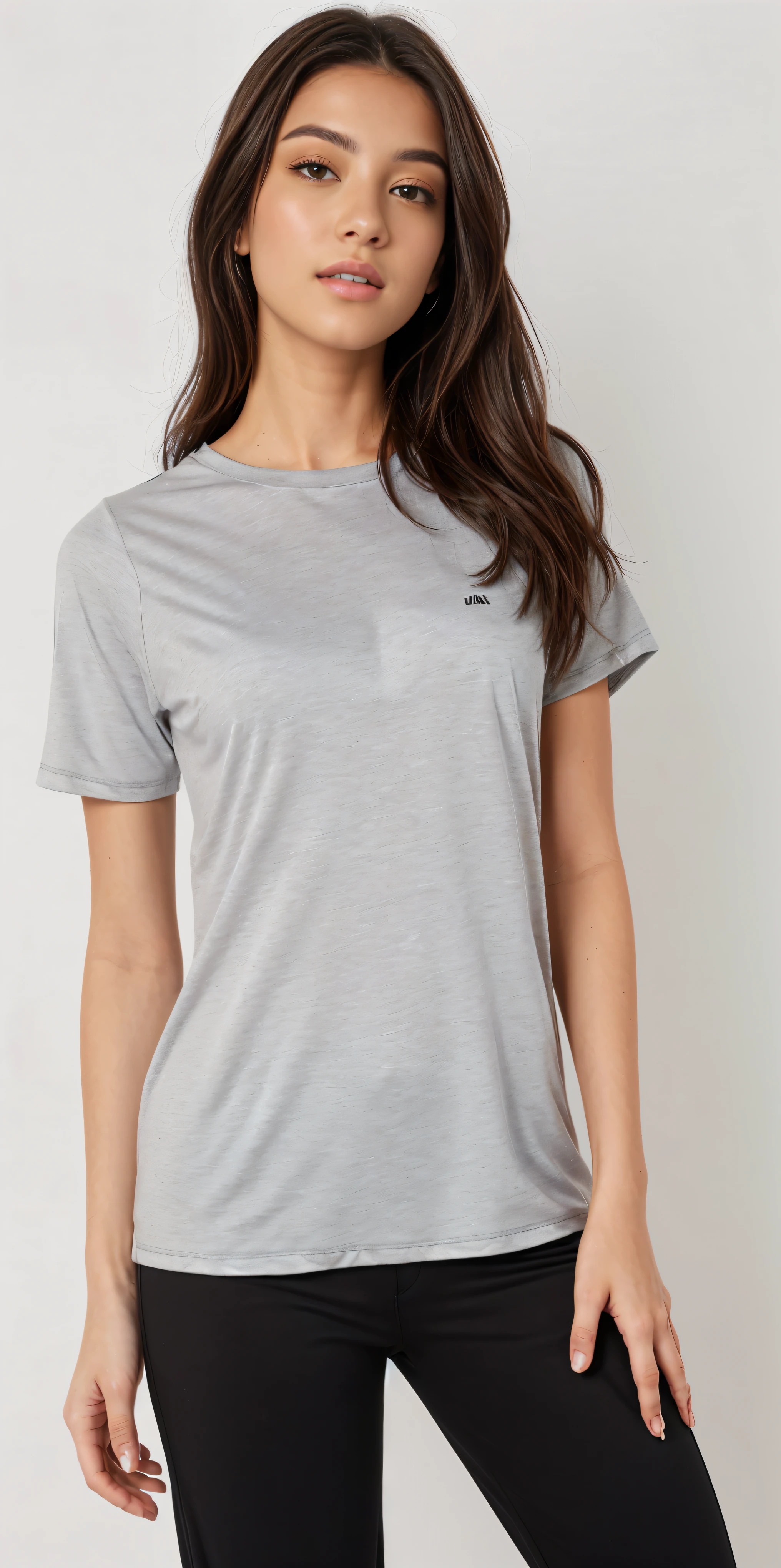 a woman wearing a grey camiseta and black pants, camisa cinza, em fundo cinza, wearing a camiseta, manga curta, detailed Imagem do Produto, foto do produto, Minimal clothing, camiseta, camiseta, official foto do produto, cinza claro, em um fundo cinza, roupas cinza, foto completa do produto, Imagem do Produto, centre image, solid gray