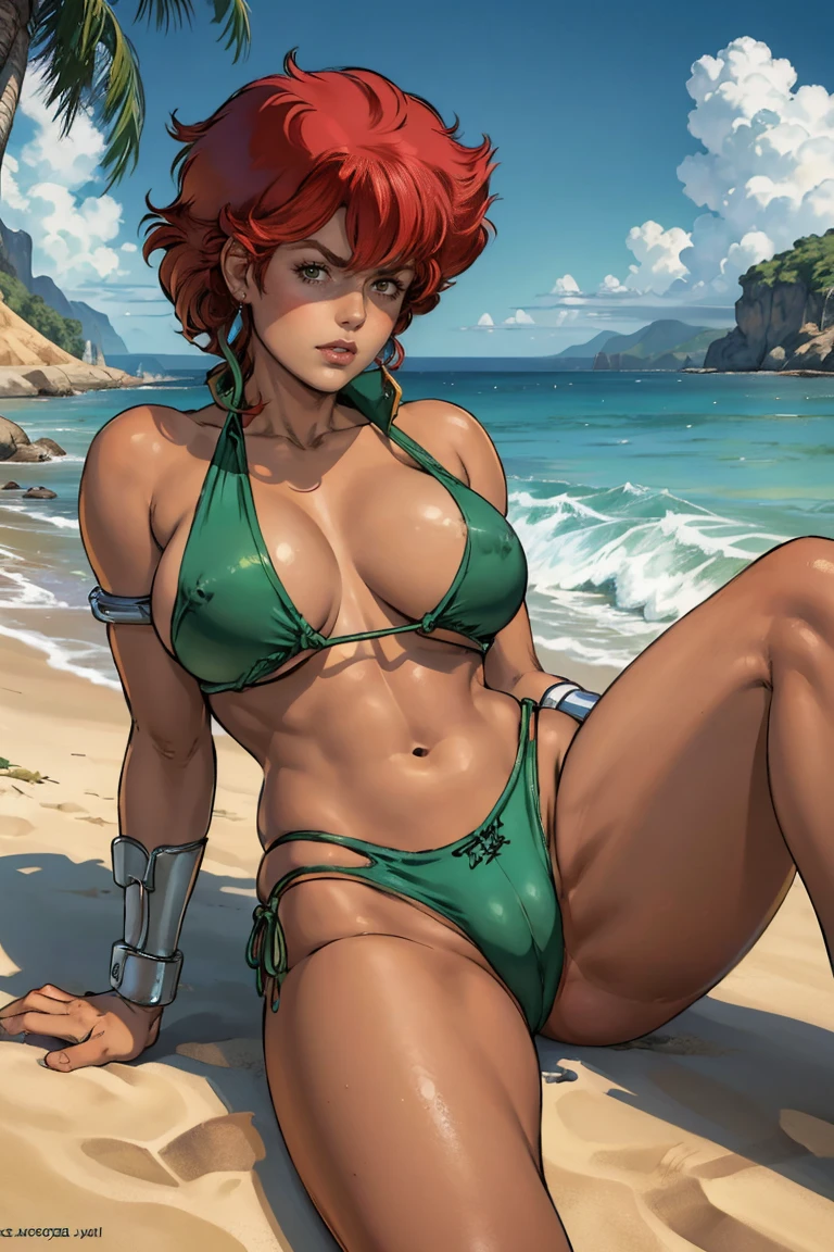 Art image of Kei from Dirty Pair, Light green bikini on the beach, Red Short Hair, Big Breasts, beautiful, Large Breasts, Luis Royo, Boris Vallejo, character. Scott Campbell, Extreme concentration, Sharp details, sexy,  Oily skin, Show me your legs, whole body