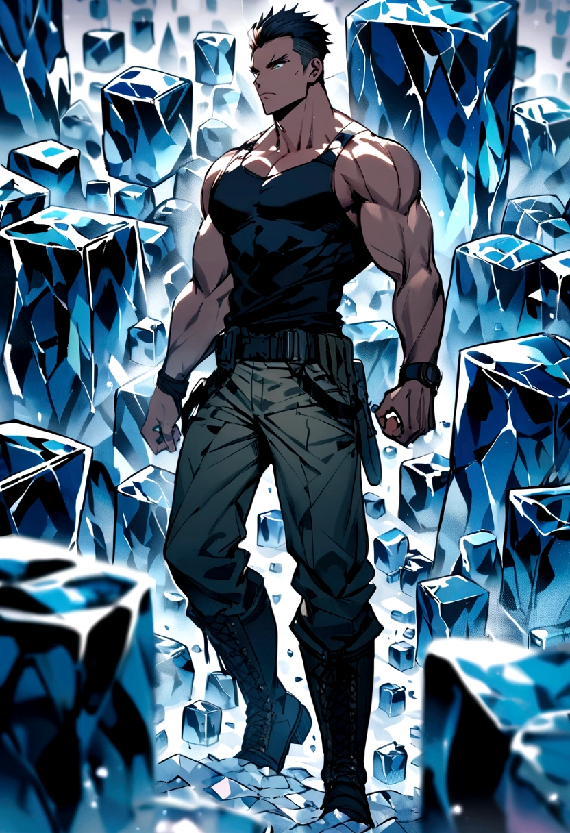muscular boy, Short hair, shaved on the sides, black, Tight black tank top, Military pants and military boots, Surrounded by giant ice cubes
