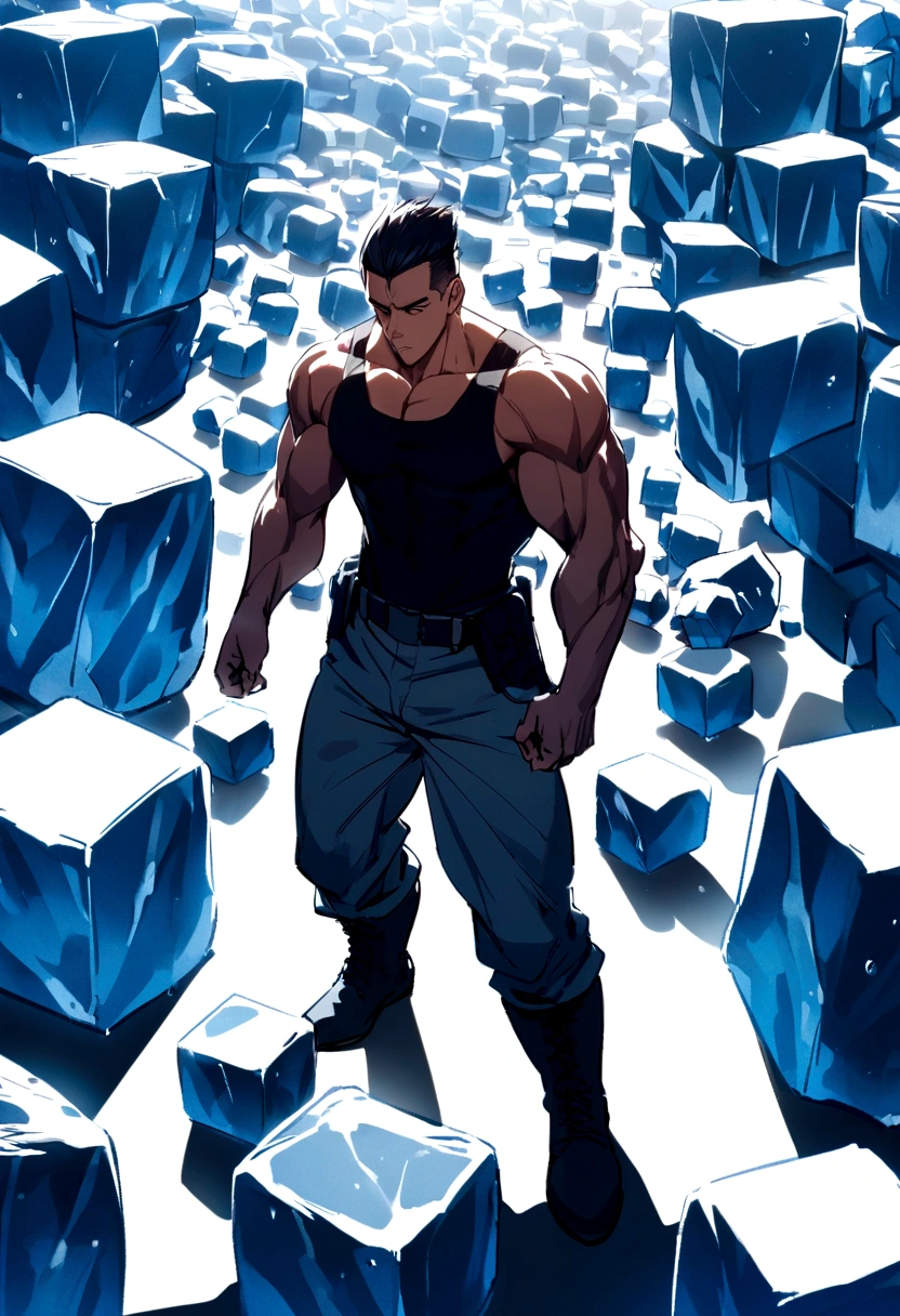 muscular boy, Short hair, shaved on the sides, black, Tight black tank top, Military pants and military boots, Surrounded by giant ice cubes