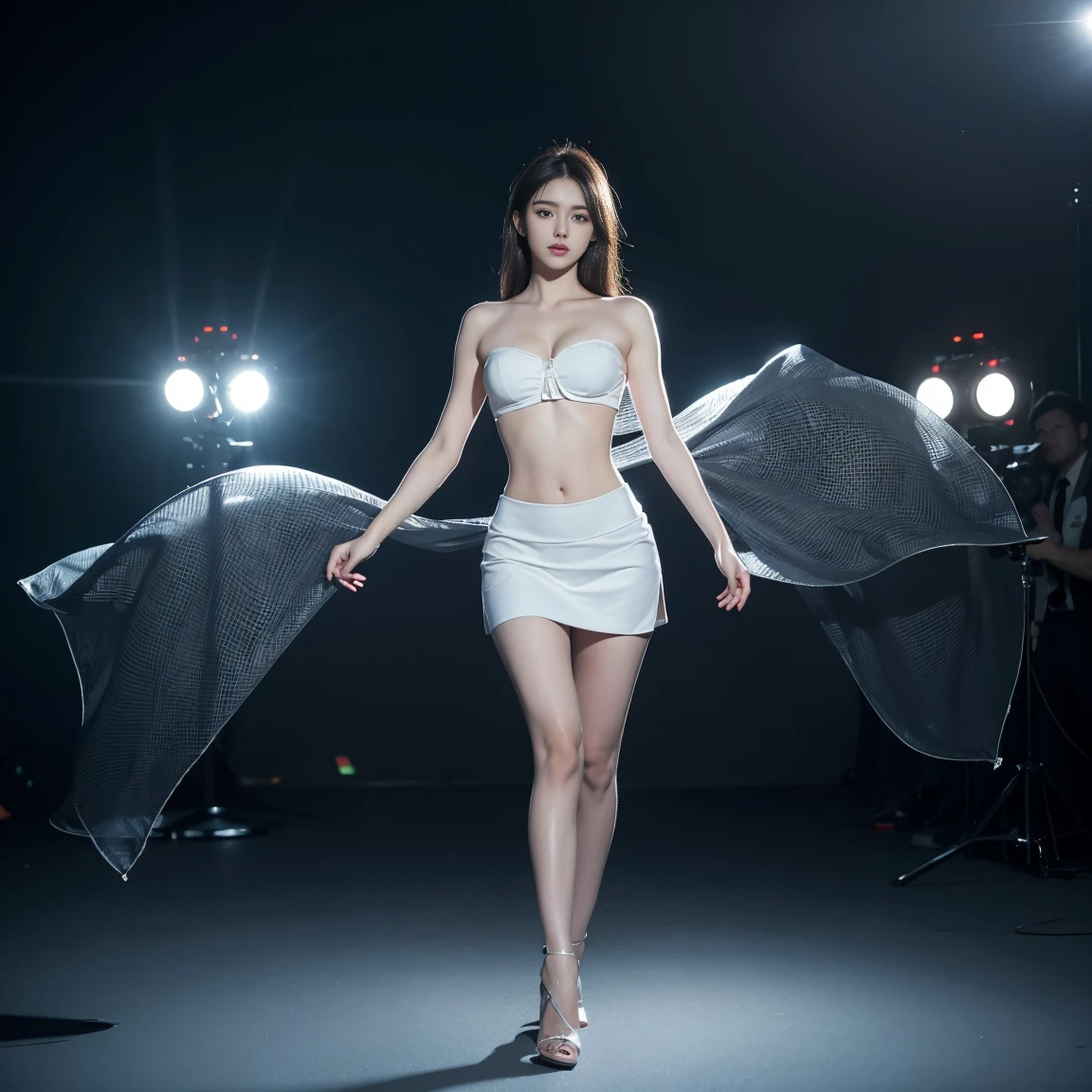 35mm Photography, White cropped top，Mesh Bandeau Bra，Large ，Prominent cleavagexposed，Hip skirt，Show your thighs, beautiful sexy girl, Perf eyes, Hourglass figure，Clear focus, 8k HD, Crazy details, complicated, Caenorhabditis elegans, Atmospheric 4k super detail, Sensibility, Clear focus, masterpiece, color, Surreal, vivid colors, (Highly detailed CG Unity 8k wallpaper), complicated, High Detail, Clear focus, Practical, symmetry, Volumetric Lighting, Full body portrait，Exquisite high heels