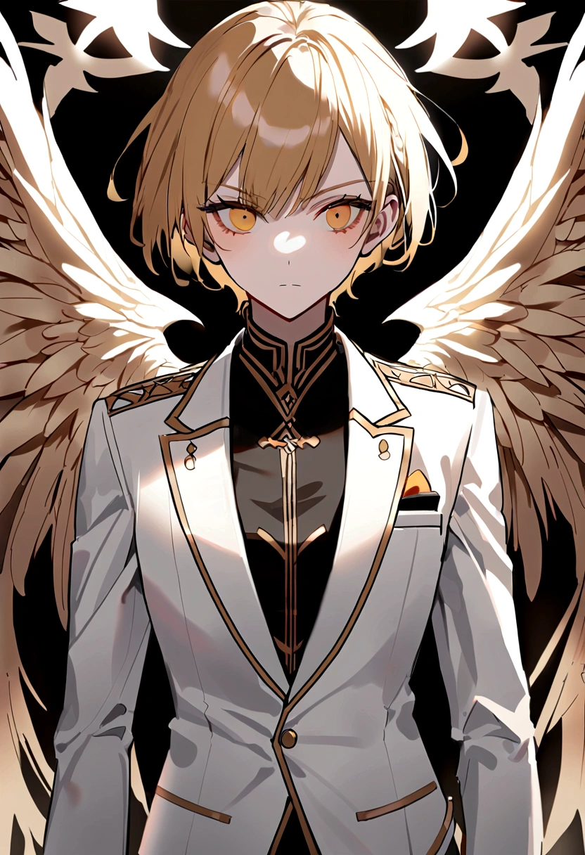 man,19 years old,golden hair,short hair with details,The color is dark, smooth, gold.,quadratic component,Have fair skin.,High and cool,angels,dominate,elite,pointed face,Orange Student,Whites of the eyes,เบลเซอร์สีดำสำหรับman,gold border,2d city background,pocket watch,flawless ,wearing a white suit ,with angel wings ,There is a question about Pattana Safa.