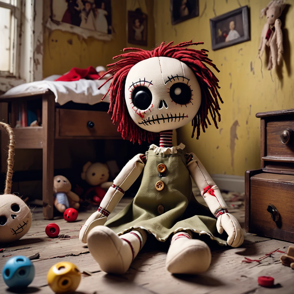 (knitted toy voodoo doll:1.2), (Voodoo Cursed Doll:1.3), (Clothes Dress with patches, buttons instead of eyes, threads and needles in hands:1.0), (in the background Abandoned children's room, torn toys, broken cradle:1.3), best quality, masterpiece, detailed soft oil painting, detailed background, dramatic cinematic lighting, soft edge lighting, professional, dramatic lighting, hard edge lighting, ultra quality, 4k, masterpiece, best quality, 8k, ultra high definition, high definition, extremely detailed