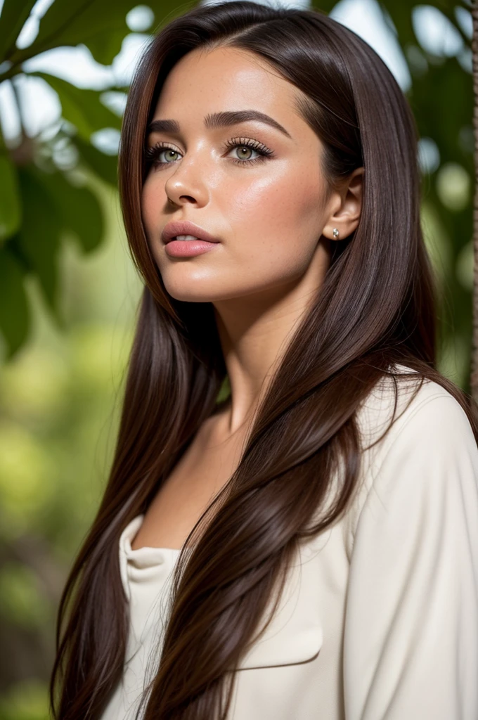 A close-up of the face, Backyard background. Stunning cinematic photo of a 25-year-old girl with super long brown hair and green eyes, happy face, smile, cheerful, Contents, Nice teeth (Brown leather jacket, black colored clothes, black dress chemise, chemise, Skinny jeans) Nice lips, Intricate detailing, shallow depth of field, muito detalhado, Hollywood-Film mit hohem Budget, Epos, Nice, ​masterpiece, award-winning, Specialist, muito detalhado, detailed skin structure, Narrow Face, thin nose, Nice, very Nice, perfect face, Slim body (slender), (White skin) beautiful body, West side, majestic eyes and gaze, pink lips, thick thighs. Full body, weibliche Niceheit, thin nose, Nice, perfect, [best quality], [Ultra resolution], [photorealestic: 2.3], [Intricate detailing], perfect face, sanftes Make-up , clear face, Facial Details. Attractive features. front view
