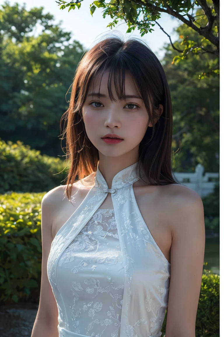 (Highest quality:1.4),(masterpiece:1.4),(Realistic:1.4),(Realistic:1.2),(超High resolution, RAW Photos:1.4),(High resolution, Ultra-detailed:1.2),(8K:1.2),Movie Photos,a photo of a dark-haired,One girl,alone,wear ,((China dress))、((Upper Body:1.3))