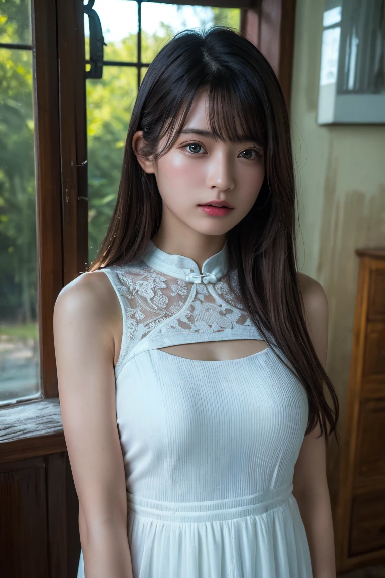 (Highest quality:1.4),(masterpiece:1.4),(Realistic:1.4),(Realistic:1.2),(超High resolution, RAW Photos:1.4),(High resolution, Ultra-detailed:1.2),(8K:1.2),Movie Photos,a photo of a dark-haired,One girl,alone,wear ,((China dress))、((Upper Body:1.3))
