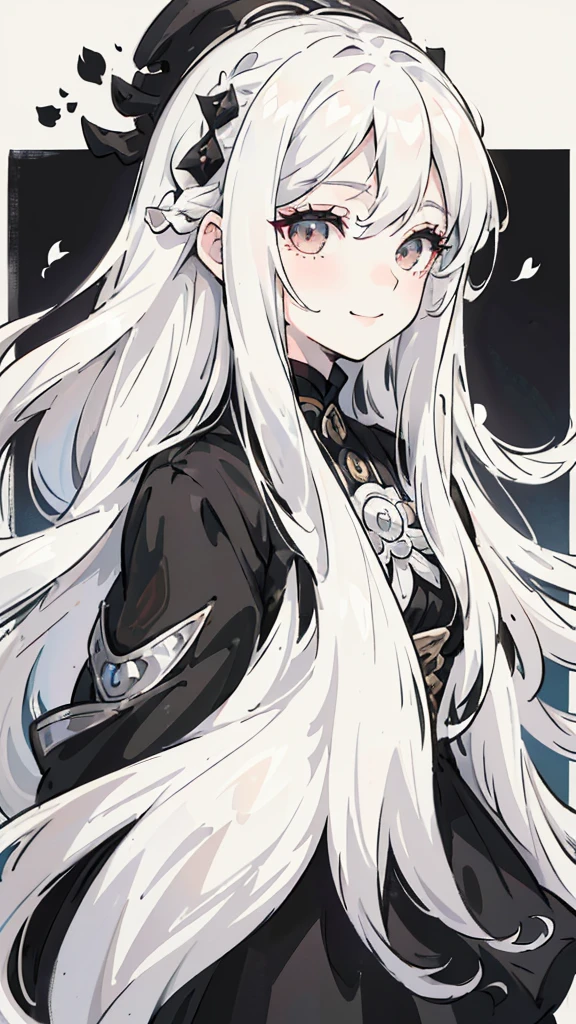 Woman , long wavy white hair, long wavy white hair , long wavy hair, long wavy hair, black siren eyes, black siren eyes, FOV, f1.8, masterpiece, front portrait shot, black and white casual modern clothing, plain white colored background with black petals, black petals, close up, smiling, full body shot, full body