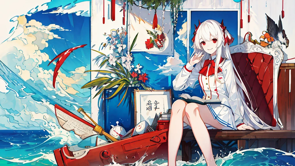 1 girl、Uniforms，Summer seaside、Sitting at the desk、looking at the book in hand、Smile、sunny、Waves、White long hair、Red eyes，(Highest quality high resolution)、((Masterpiece Best Quality:1.2)), [[Looks bad]], [[Multiple fingers]], [[[Multiple Limbs]]]