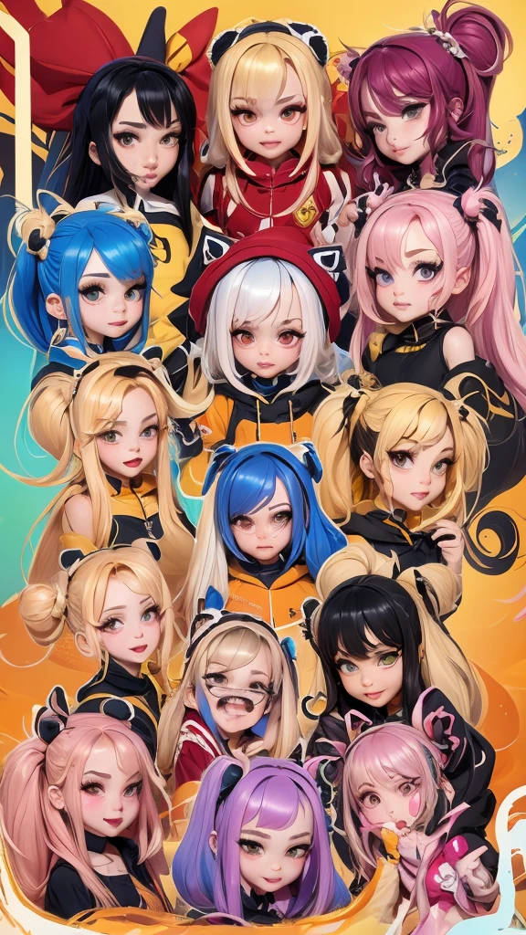 The character costume is KPOP, 9 sets of anime character stickers with different expressions, Hallyu collection style, Anime K-pop art style, Hallyu frontline style, Hallyu art style, kpop style, Official artwork, Chibi Art, Pisif, Blackpink style, Cute KPOP artwork in various poses, The popularity of the art station Pisif, lingerine, 16 years old chibi,