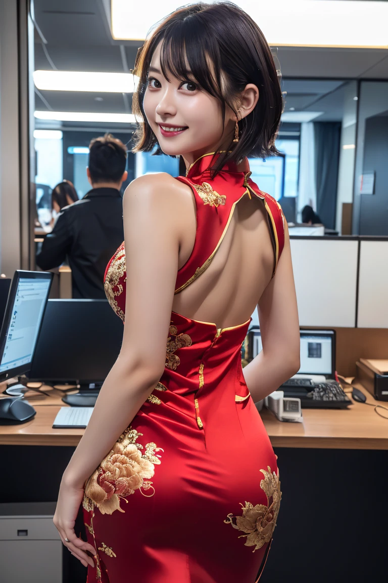 (Highest quality, 8K, 32k, masterpiece, Ultra-high resolution: 1.2), 1 Girl, Beautiful Japanese Women, Tight waist, ((China dress:1.3)), OL, From the back, office, mechanical, (Protruding buttocks: 1.2), Detailed face, short hair, Korean Idol, Nogizaka idol, actress, idol carving, Android, cute, smile