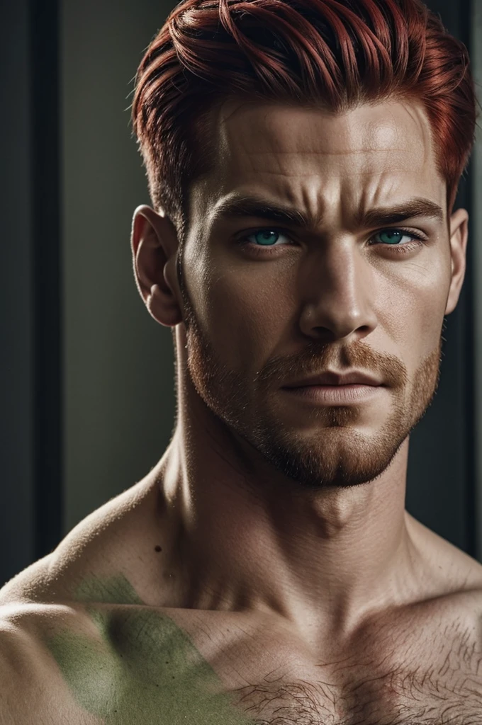 A man with one gray iris and the other green, who has a scar over his eye with a gray iris that reaches his cheek. Make it muscular, red hair